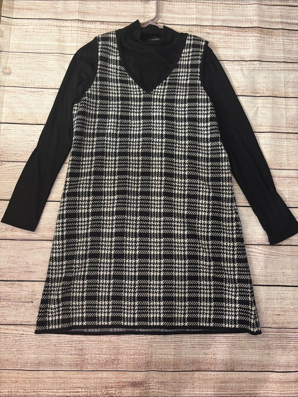 Nicole Miller Black and White Plaid Long Sleeve Layered Dress- 2 piece